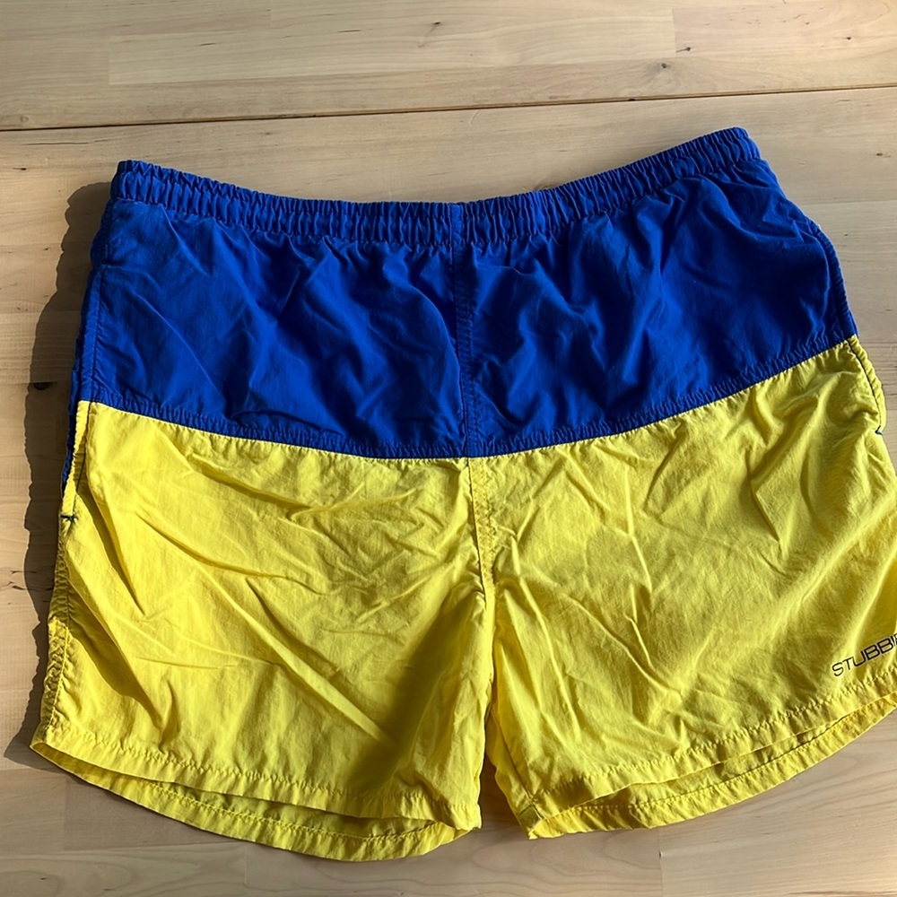 Vintage Men’s Stubbies Blue and Yellow Swim Trunks/Shorts (Large)